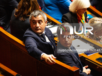 Gerald Darmanin, former Minister of the Interior, and Gabriel Attal, former Prime Minister, are seen during the session of questions to the...