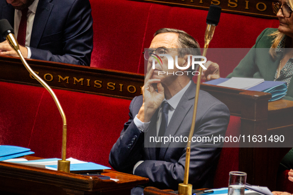 Bruno Retailleau, Minister of the Interior, is seen during the session of questions to the government at the National Assembly in Paris, Fra...