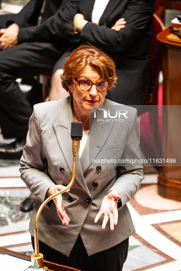 Annie Genevard, Minister for Agriculture, Food Sovereignty and Forestry, speaks during the session of questions to the government at the Nat...