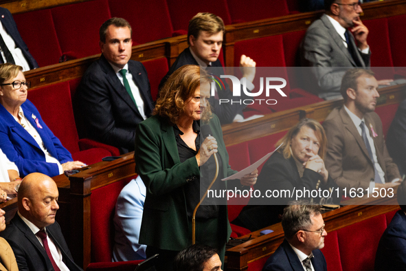 Anne-Cecile Violland, deputy of the Horizons et Independants group, speaks during the session of questions to the government at the National...