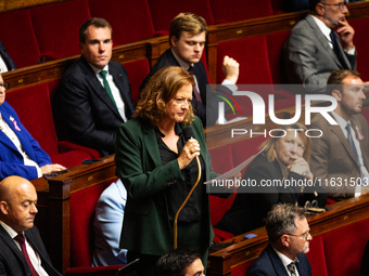 Anne-Cecile Violland, deputy of the Horizons et Independants group, speaks during the session of questions to the government at the National...