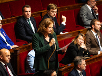 Anne-Cecile Violland, deputy of the Horizons et Independants group, speaks during the session of questions to the government at the National...