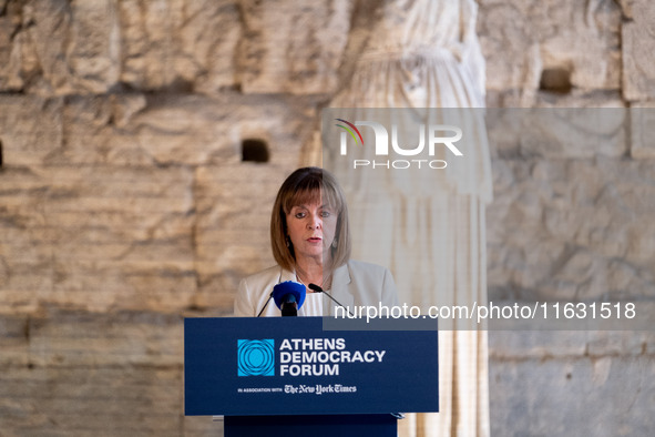 The president of the Hellenic Republic, Katerina Sakellaropoulou, speaks at the Athens Democracy Forum. The President of the Hellenic Republ...