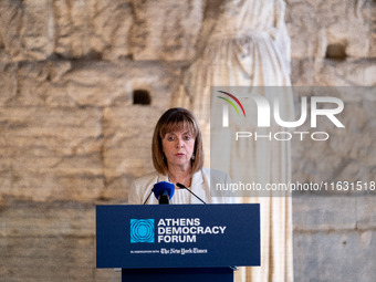 The president of the Hellenic Republic, Katerina Sakellaropoulou, speaks at the Athens Democracy Forum. The President of the Hellenic Republ...