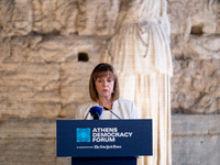 The president of the Hellenic Republic, Katerina Sakellaropoulou, speaks at the Athens Democracy Forum. The President of the Hellenic Republ...