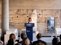 The president of the Hellenic Republic, Katerina Sakellaropoulou, speaks at the Athens Democracy Forum. The President of the Hellenic Republ...