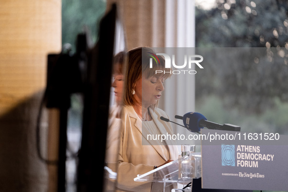 The president of the Hellenic Republic, Katerina Sakellaropoulou, speaks at the Athens Democracy Forum. The President of the Hellenic Republ...