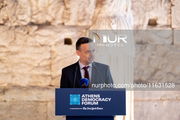 The Mayor of Athens, Haris Doukas, speaks at the Athens Democracy Forum. The President of the Hellenic Republic, Katerina Sakellaropoulou, r...