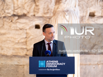 The Mayor of Athens, Haris Doukas, speaks at the Athens Democracy Forum. The President of the Hellenic Republic, Katerina Sakellaropoulou, r...