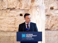 The Mayor of Athens, Haris Doukas, speaks at the Athens Democracy Forum. The President of the Hellenic Republic, Katerina Sakellaropoulou, r...