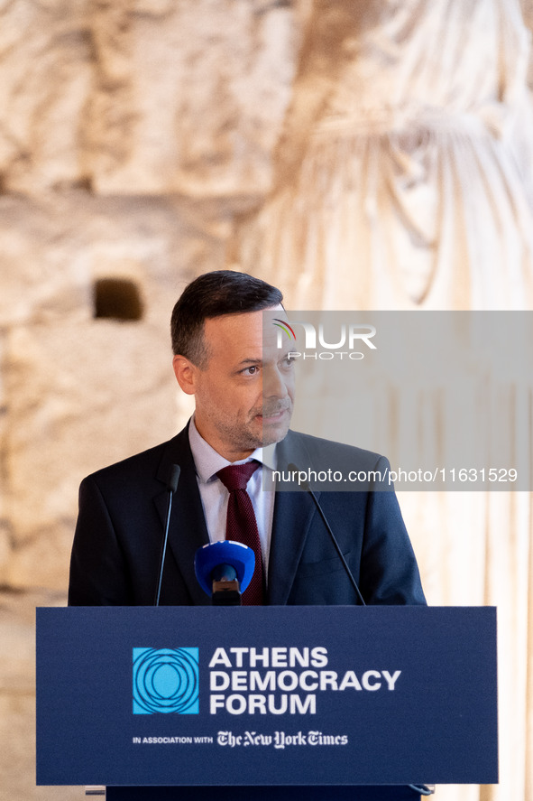 The Mayor of Athens, Haris Doukas, speaks at the Athens Democracy Forum. The President of the Hellenic Republic, Katerina Sakellaropoulou, r...