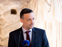 The Mayor of Athens, Haris Doukas, speaks at the Athens Democracy Forum. The President of the Hellenic Republic, Katerina Sakellaropoulou, r...