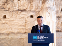 The Mayor of Athens, Haris Doukas, speaks at the Athens Democracy Forum. The President of the Hellenic Republic, Katerina Sakellaropoulou, r...