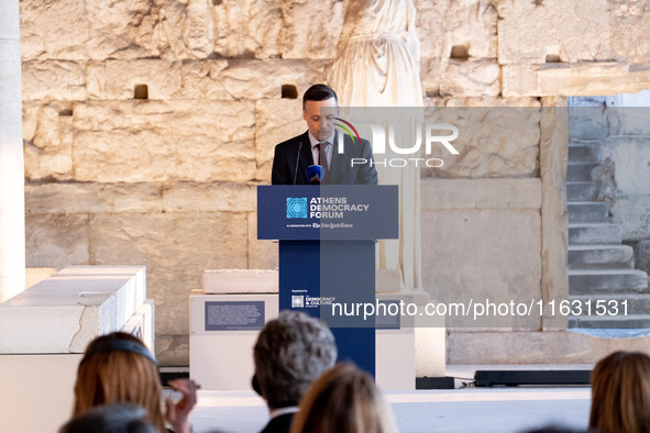 The Mayor of Athens, Haris Doukas, speaks at the Athens Democracy Forum. The President of the Hellenic Republic, Katerina Sakellaropoulou, r...