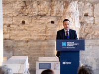 The Mayor of Athens, Haris Doukas, speaks at the Athens Democracy Forum. The President of the Hellenic Republic, Katerina Sakellaropoulou, r...