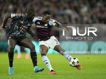 Jhon Duran centre-forward of Aston Villa and Colombia shooting to goal during the UEFA Champions League 2024/25 League Phase MD2 match betwe...