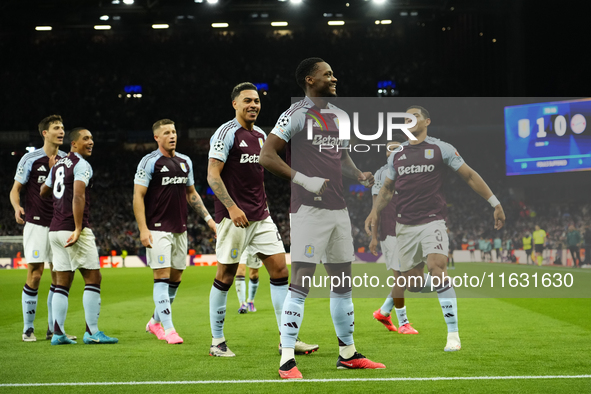 Jhon Duran centre-forward of Aston Villa and Colombia celebrates after scoring his sides first goal during the UEFA Champions League 2024/25...