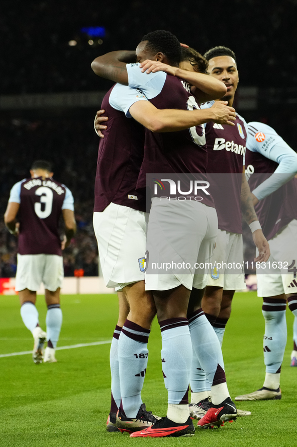 Jhon Duran centre-forward of Aston Villa and Colombia celebrates after scoring his sides first goal during the UEFA Champions League 2024/25...