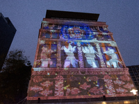 The creative production studio Kurbas Pro from Ukraine projects a video map during the opening of the Essen Light Festival 2024 in Essen, Ge...