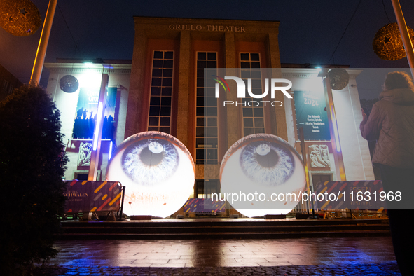 Italian artist H:E:M's art installation is seen during the opening of the Essen light festival 2024 in Essen, Germany, on October 2, 2024. 