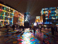 German artist DANIEL MARGRAF's projection is seen at Kennedy Square during the opening of the Essen Light Festival 2024 in Essen, Germany, o...