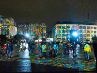 German artist DANIEL MARGRAF's projection is seen at Kennedy Square during the opening of the Essen Light Festival 2024 in Essen, Germany, o...