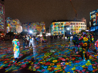 German artist DANIEL MARGRAF's projection is seen at Kennedy Square during the opening of the Essen Light Festival 2024 in Essen, Germany, o...