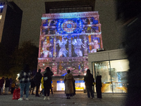 The creative production studio Kurbas Pro from Ukraine projects a video map during the opening of the Essen Light Festival 2024 in Essen, Ge...