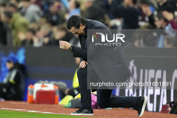 Unai Emery head coach of Aston Villa reacts during the UEFA Champions League 2024/25 League Phase MD2 match between Aston Villa FC and FC Ba...