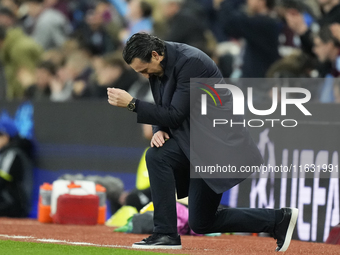 Unai Emery head coach of Aston Villa reacts during the UEFA Champions League 2024/25 League Phase MD2 match between Aston Villa FC and FC Ba...