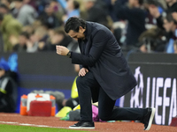 Unai Emery head coach of Aston Villa reacts during the UEFA Champions League 2024/25 League Phase MD2 match between Aston Villa FC and FC Ba...