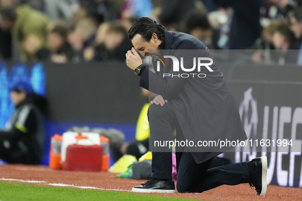 Unai Emery head coach of Aston Villa reacts during the UEFA Champions League 2024/25 League Phase MD2 match between Aston Villa FC and FC Ba...