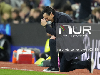 Unai Emery head coach of Aston Villa reacts during the UEFA Champions League 2024/25 League Phase MD2 match between Aston Villa FC and FC Ba...