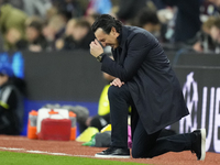 Unai Emery head coach of Aston Villa reacts during the UEFA Champions League 2024/25 League Phase MD2 match between Aston Villa FC and FC Ba...