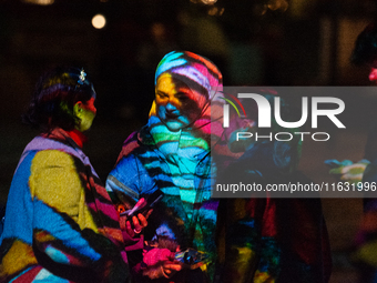 German artist DANIEL MARGRAF's projection is seen at Kennedy Square during the opening of the Essen Light Festival 2024 in Essen, Germany, o...