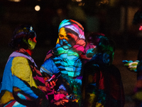 German artist DANIEL MARGRAF's projection is seen at Kennedy Square during the opening of the Essen Light Festival 2024 in Essen, Germany, o...