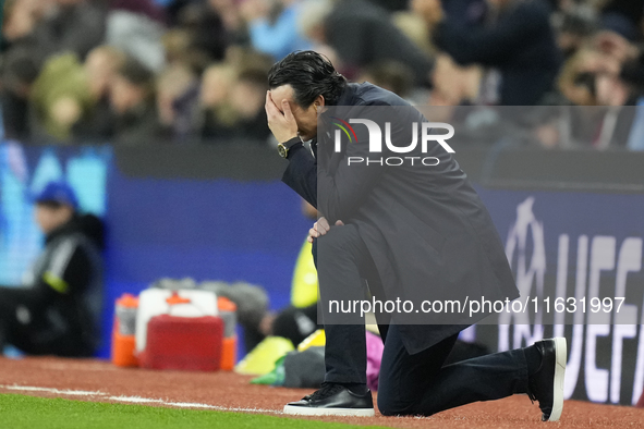 Unai Emery head coach of Aston Villa reacts during the UEFA Champions League 2024/25 League Phase MD2 match between Aston Villa FC and FC Ba...