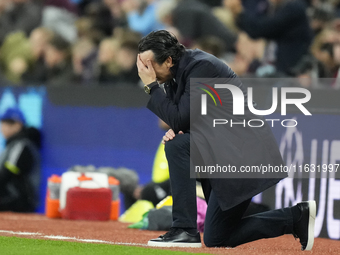 Unai Emery head coach of Aston Villa reacts during the UEFA Champions League 2024/25 League Phase MD2 match between Aston Villa FC and FC Ba...