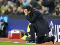 Unai Emery head coach of Aston Villa reacts during the UEFA Champions League 2024/25 League Phase MD2 match between Aston Villa FC and FC Ba...