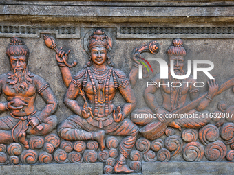 Detail of the decorative wall surrounding the Shangumugham Devi Temple in Thiruvananthapuram (Trivandrum), Kerala, India, on April 2, 2024....