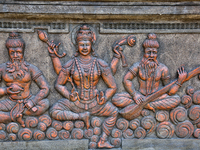 Detail of the decorative wall surrounding the Shangumugham Devi Temple in Thiruvananthapuram (Trivandrum), Kerala, India, on April 2, 2024....