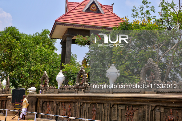 A decorative wall surrounds the Shangumugham Devi Temple in Thiruvananthapuram (Trivandrum), Kerala, India, on April 2, 2024. 