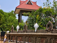 A decorative wall surrounds the Shangumugham Devi Temple in Thiruvananthapuram (Trivandrum), Kerala, India, on April 2, 2024. (