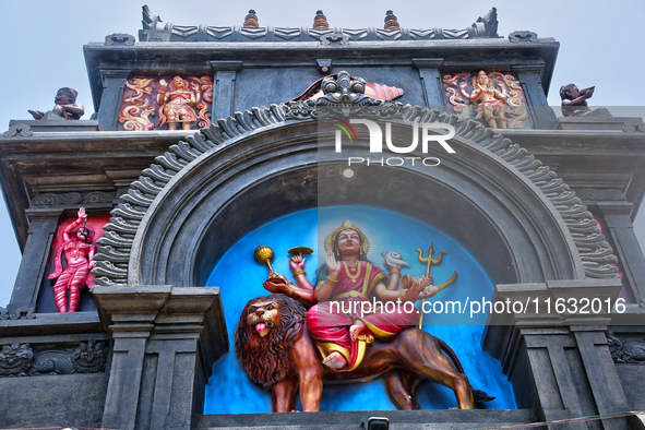 A decorative gateway stands at the Shangumugham Devi Temple in Thiruvananthapuram (Trivandrum), Kerala, India, on April 2, 2024. 