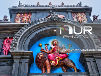 A decorative gateway stands at the Shangumugham Devi Temple in Thiruvananthapuram (Trivandrum), Kerala, India, on April 2, 2024. (