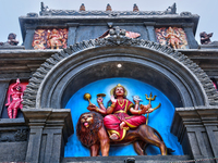 A decorative gateway stands at the Shangumugham Devi Temple in Thiruvananthapuram (Trivandrum), Kerala, India, on April 2, 2024. (