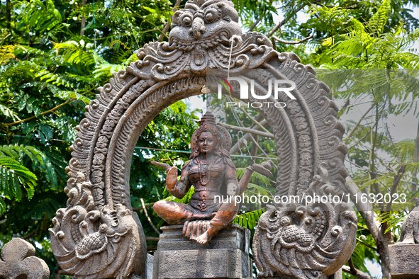 A figure of a Hindu deity is at the Shangumugham Devi Temple in Thiruvananthapuram (Trivandrum), Kerala, India, on April 2, 2024. 