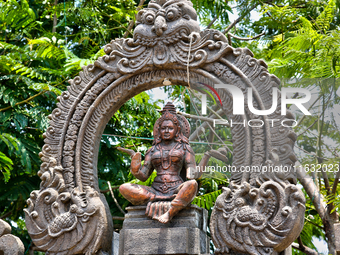 A figure of a Hindu deity is at the Shangumugham Devi Temple in Thiruvananthapuram (Trivandrum), Kerala, India, on April 2, 2024. (