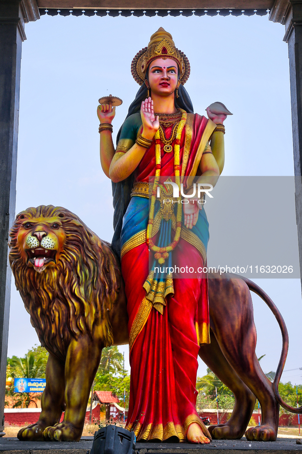 The statue of Goddess Shangumugham Devi is at the Shangumugham Devi Temple in Thiruvananthapuram (Trivandrum), Kerala, India, on April 2, 20...