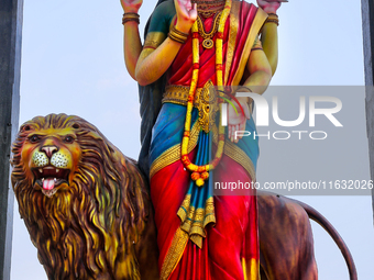 The statue of Goddess Shangumugham Devi is at the Shangumugham Devi Temple in Thiruvananthapuram (Trivandrum), Kerala, India, on April 2, 20...